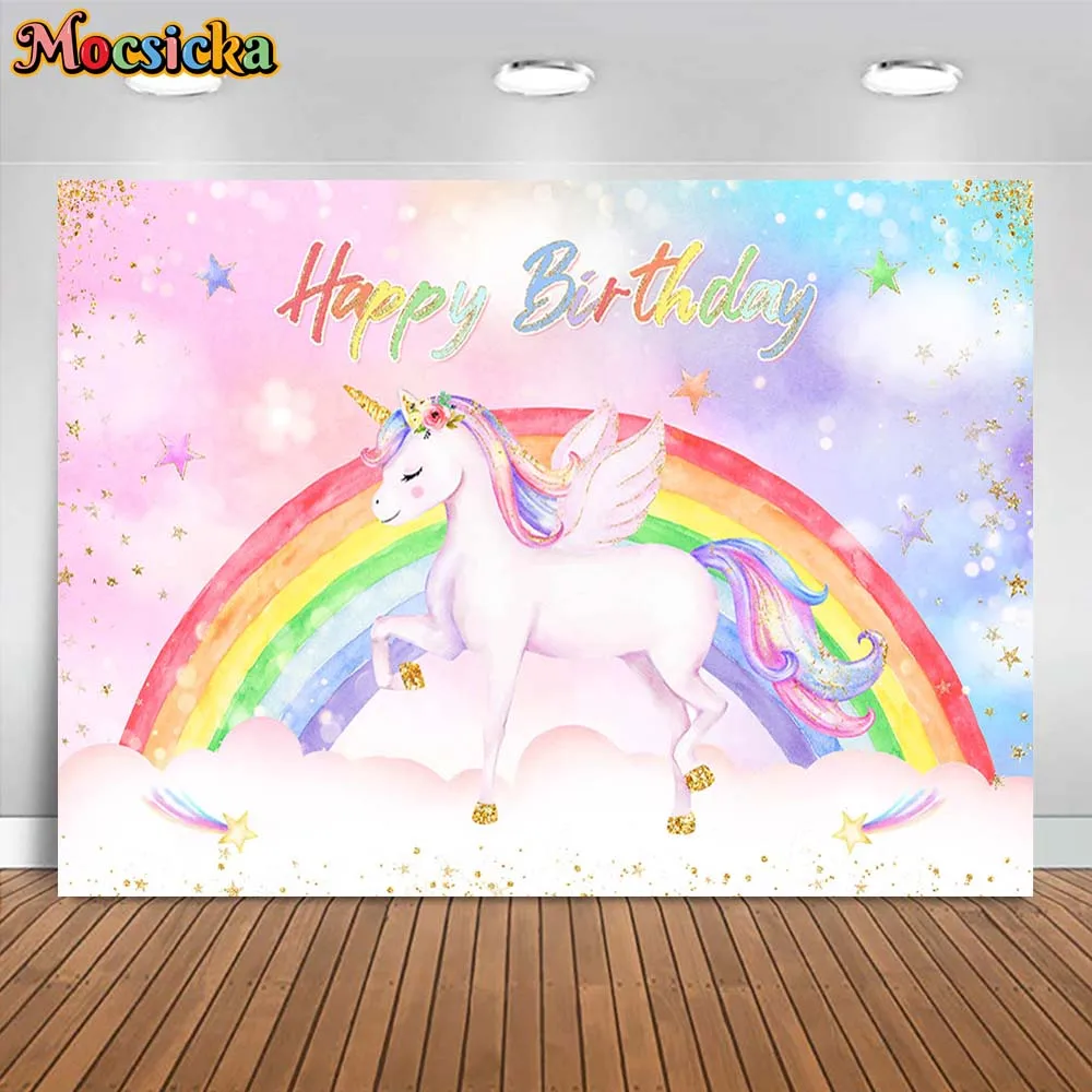 

Mocsicka Unicorn Birthday Backdrop Rainbow Unicorn Girl Birthday Party Photo Background Decoration Photocall Props Custom Banner