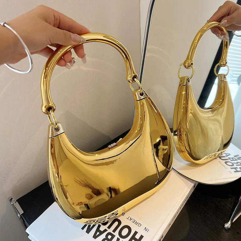 

Glossy Gold Women Handbags Luxury Designer Evening Bags for Women Acrylic Clip Shoulder Bag Silver Half Moon Wedding Clutch Chic