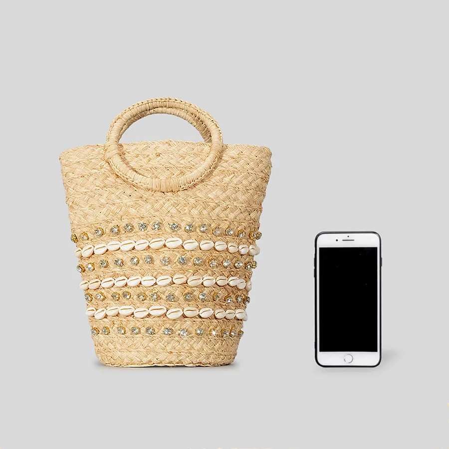 Ethnic Style 2024 Woven Bag Rattan Woven Ring Shell Shoulder Handbag Handmade Straw Woven Bucket Bag