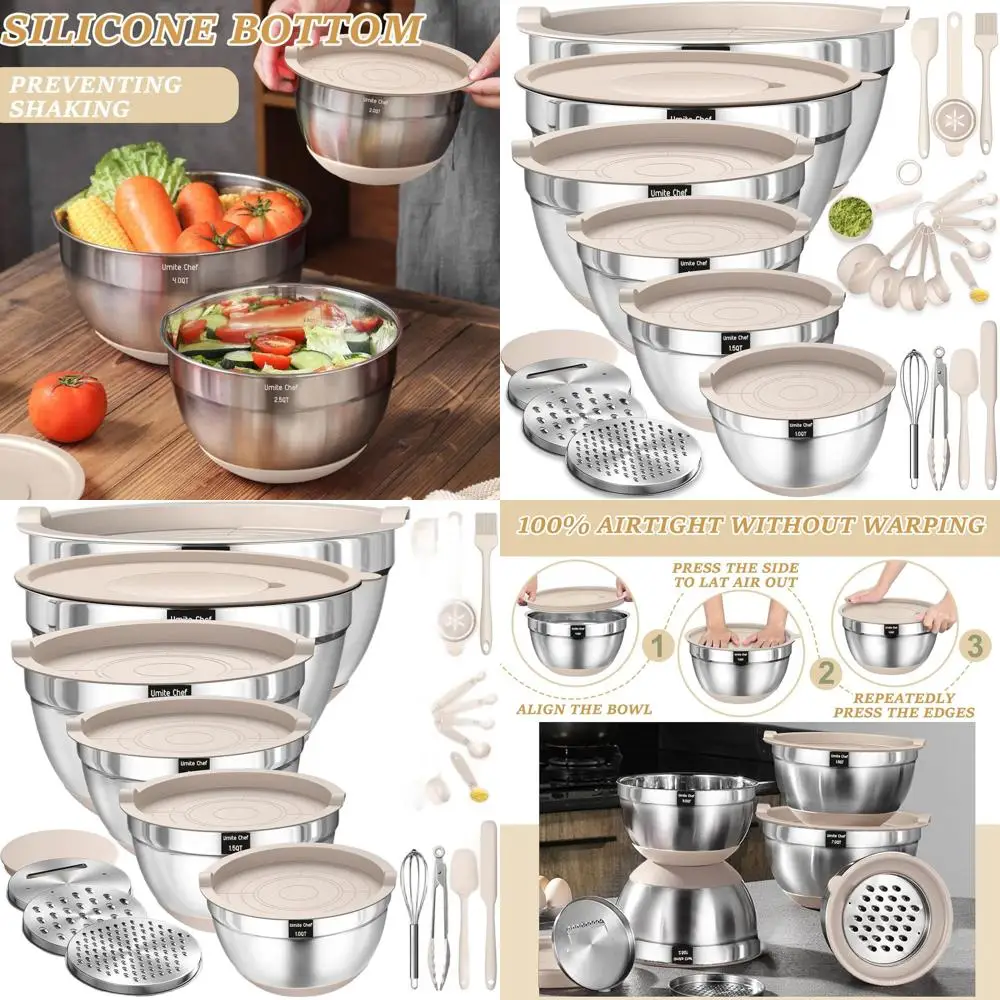 

Набор мисок из нержавеющей стали с крышками, 26 предметов, цвет хаки, с теркой, нескользящим дном, объемы 7, 4, 2.5, 2, 1.5, 1QT, для подготовки и сервировки