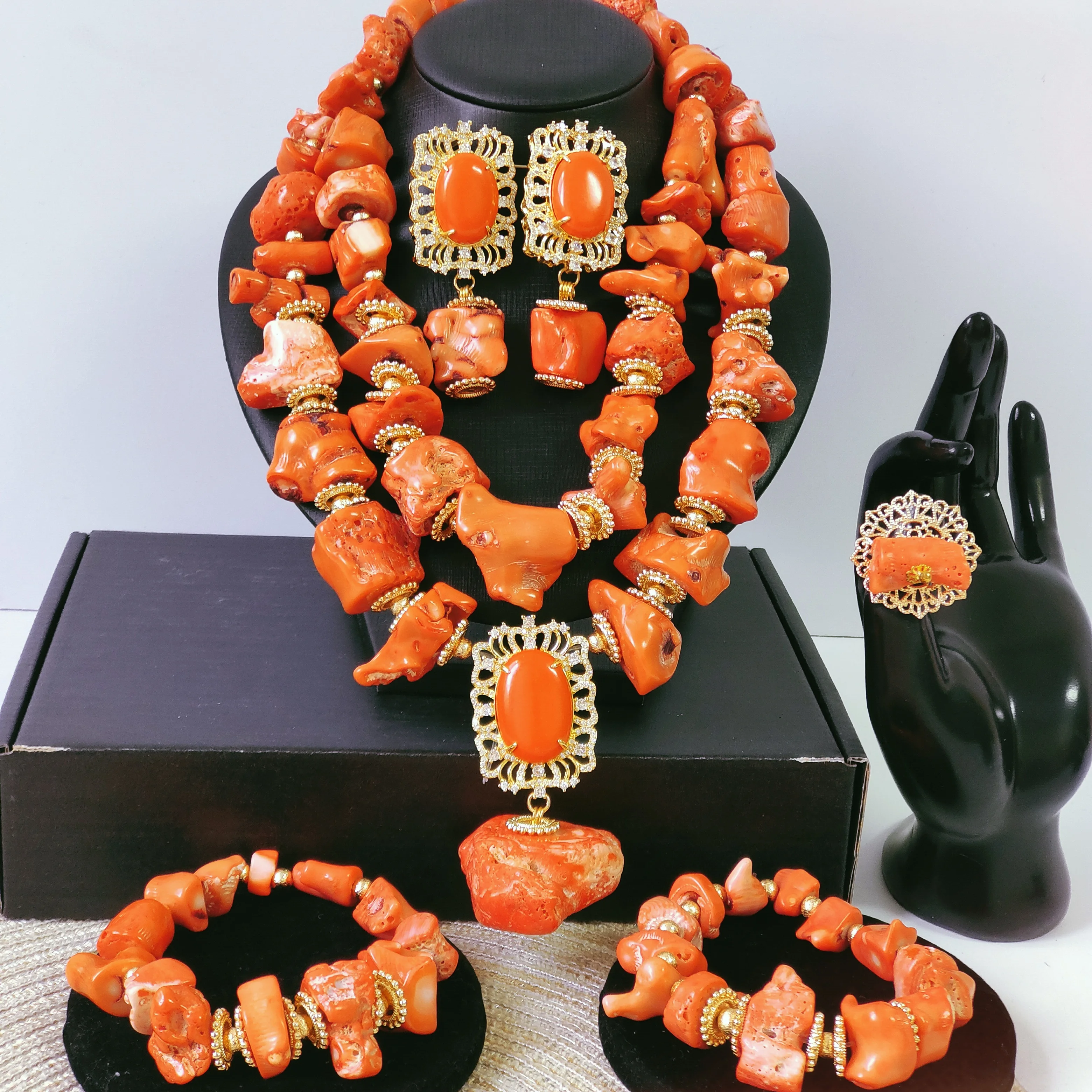 African Fashion Real Coral Beads Wedding Jewelry Necklace Set Nigeria Wedding Accessories