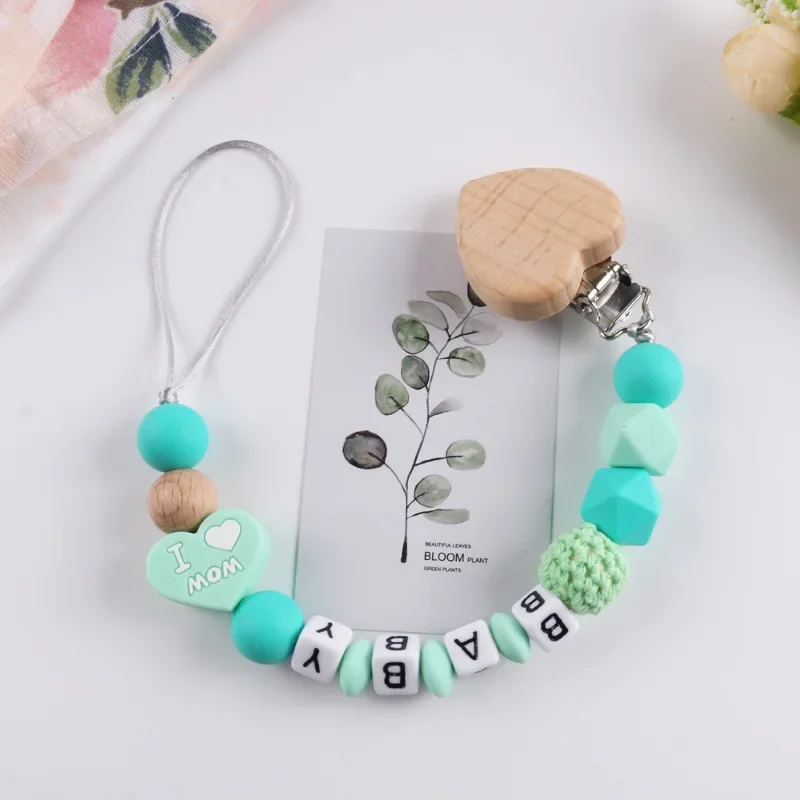 Personalized Name Baby Pacifier Clips Chains Heart Beech Silicone Beads Teethers Dummy Nipple Holder Clip Newborn Teething Toys