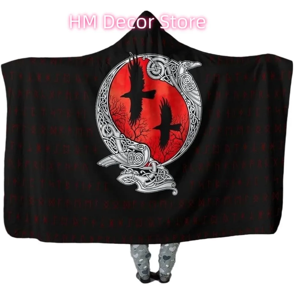 Viking Crow Hooded Blanket Warm Soft Wearable Blanket Cloak Norse Myth Odin's Raven Pattern Hooded Cloak Travel Cape Wrap Blanke