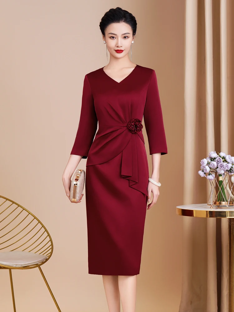 Elegant Wedding Guest Dress for Mothers of the Bride High-Quality Satin Fabric V-Neck Mid-Length Skirt Suitable for Banquets