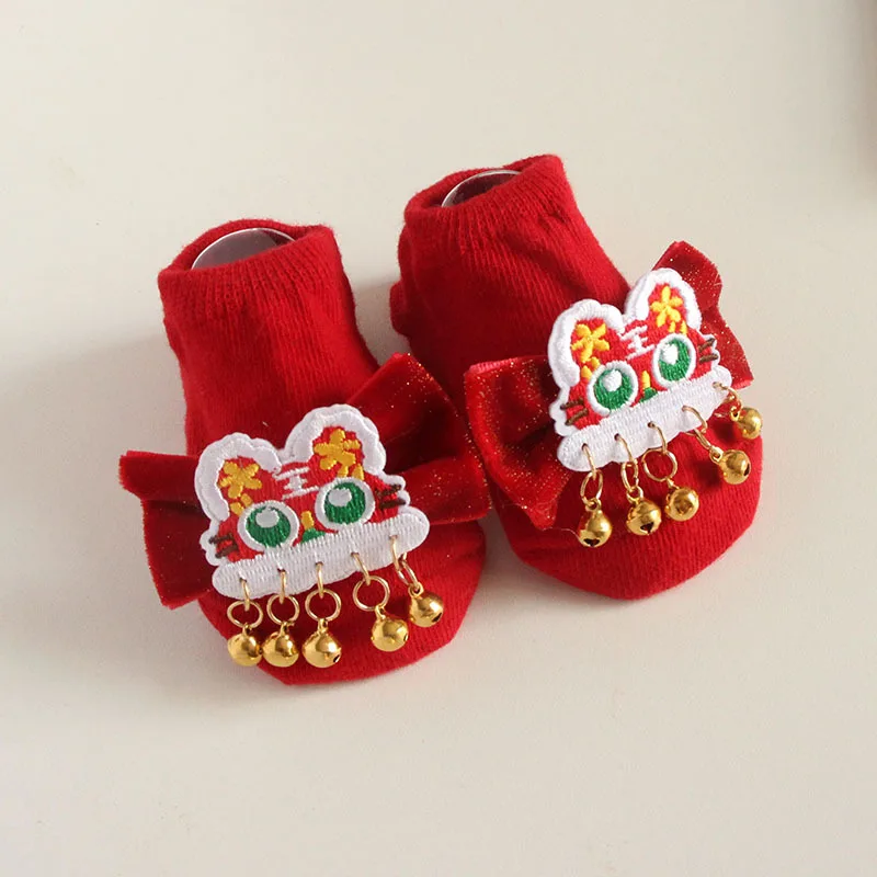 0-12 Months Newborn Cute Red Tiger\'s Head Hat Baby Socks Combination Set Warm Cotton Winter Full Moon New Year Red Fetal Hat