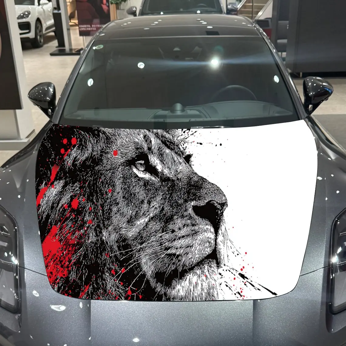Dominance Ink Lion Visual Wonder PVC Car Hood Wraps, Self-Adhesive Waterproof Car Bonnet Decal Sticker, Car Decoration Protectio