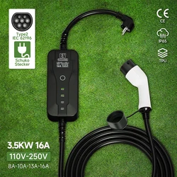 Portable EV Charger 3.5KW EVSE Fast Charging Cable 16A Current Adjustable Type2 IEC62196-2 EU Plug Wallbox for Electric Vehicle