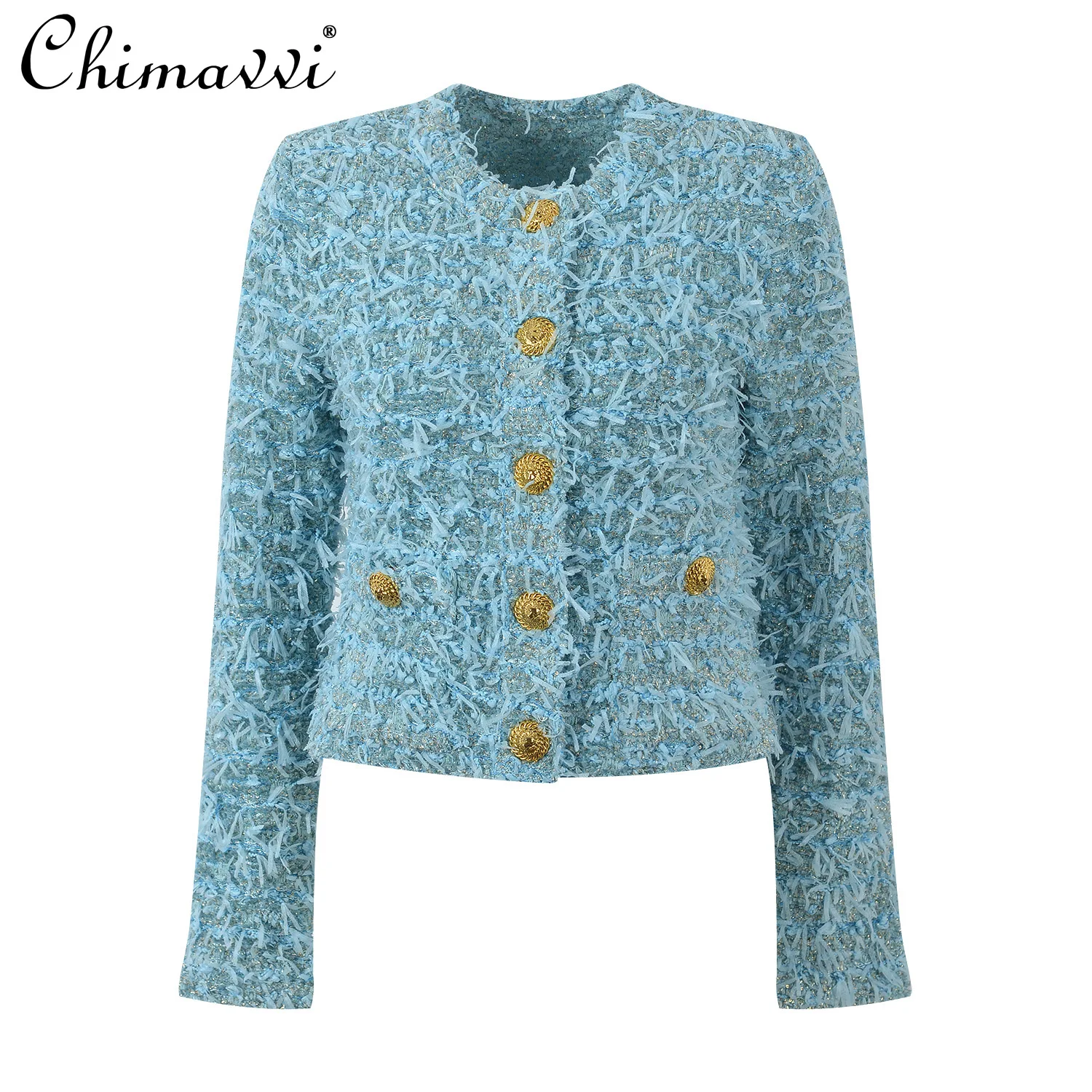 French Fashion Luxury Metal Buckle Tweed Round Neck Short Jacket Autumn and Winter New OL Elegant Long-sleeved Coat Tops