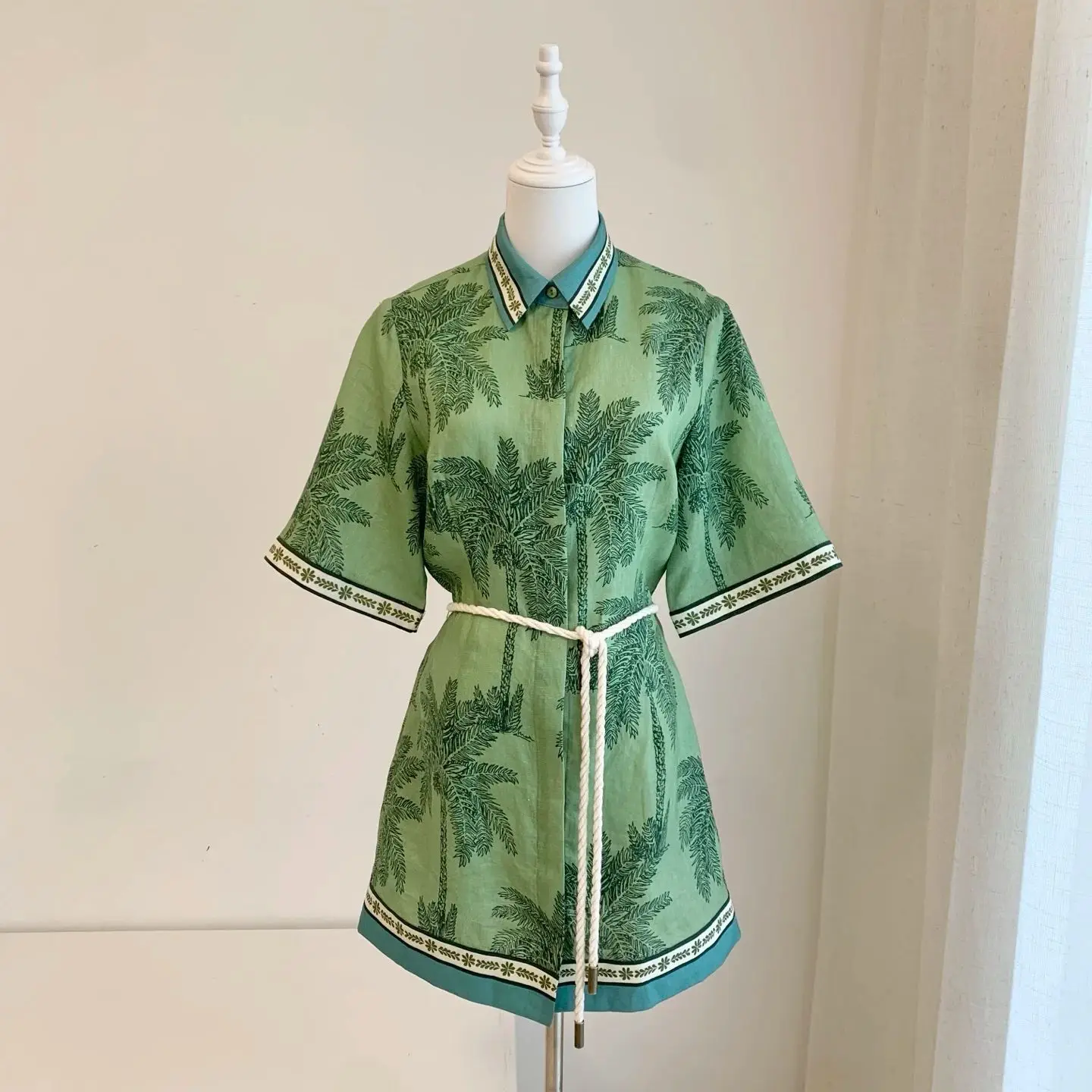 

Women Coconut Tree Print Green mini Dress High Waist Turn-down Collar Short Sleeve fashion Loose Mini dress