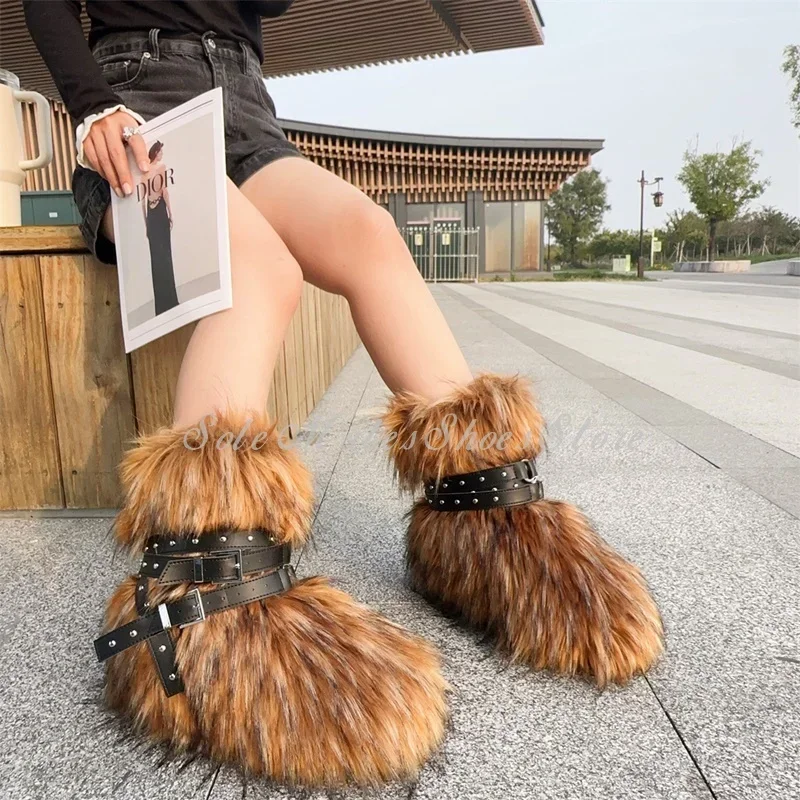 

Brown Belt Buckle Calf Boots Hot Chick Fur Fashion Snow Boots Thick Bottom Punk Style Strap Design Slip On Woman Boots Spring
