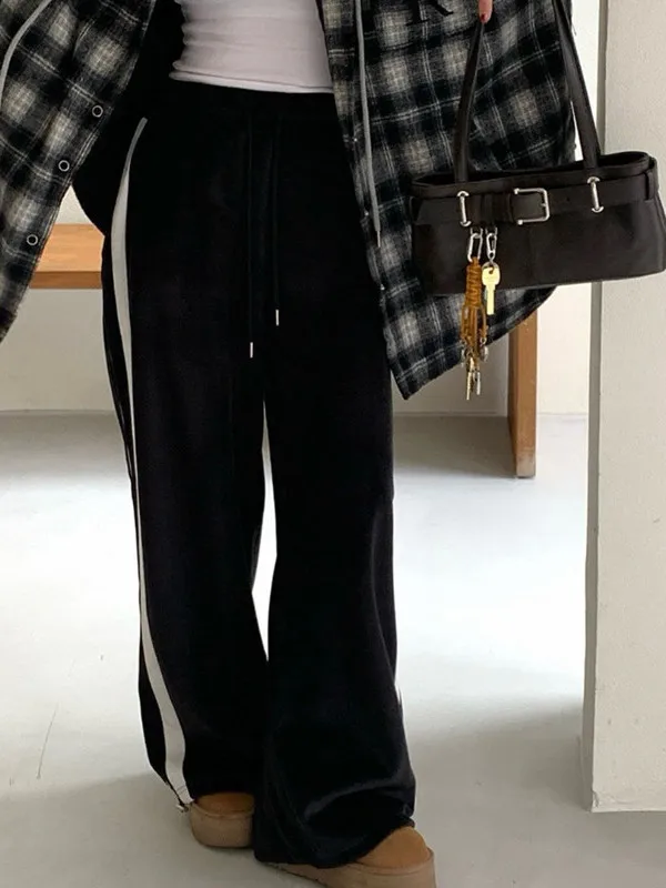 الكورية Sle عالية الخصر بنطال ذو قصة أرجل واسعة المرأة Faionable بناطيل كاجوال مرونة الخصر Fce اصطف الجانب التعادل الأشرطة #1