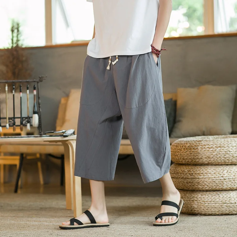 Zomer grote maat 3-punts broek heren strandbroek losse katoenen en linnen casual broek wijde pijpen 3-punts broek heren