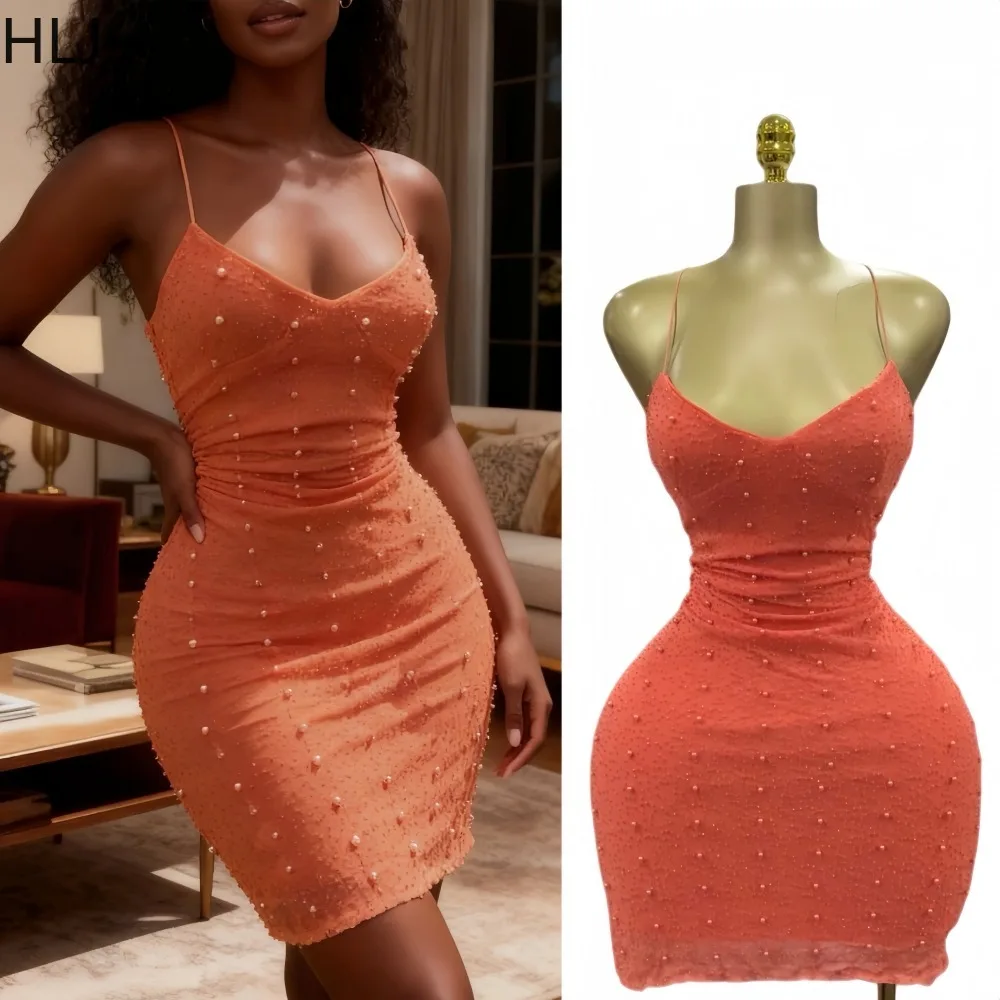 

HLJ Sexy Pearls Ruched Patchwork Bodycon Dresses Woman Spaghetti Strap Deep V-neck Dress Female Streetwear Vestidos 2025 New