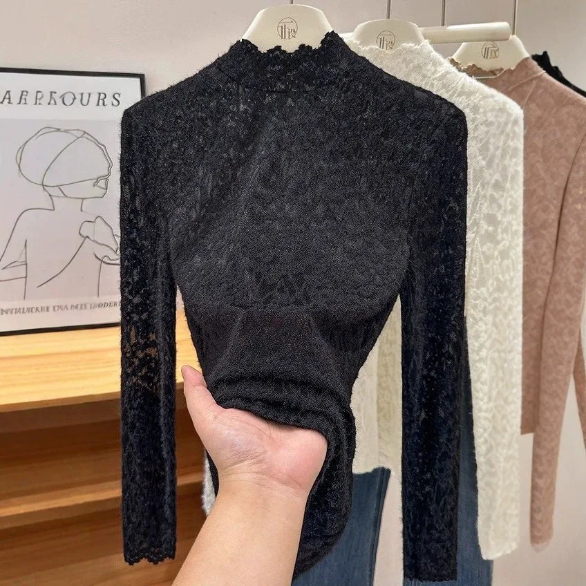 Women's Elegant Half Turtleneck Lace Base Layer Top Brushed Thick Slim Fit Inner Wear High Sense Blouse Fashionable Layering Top view 3
