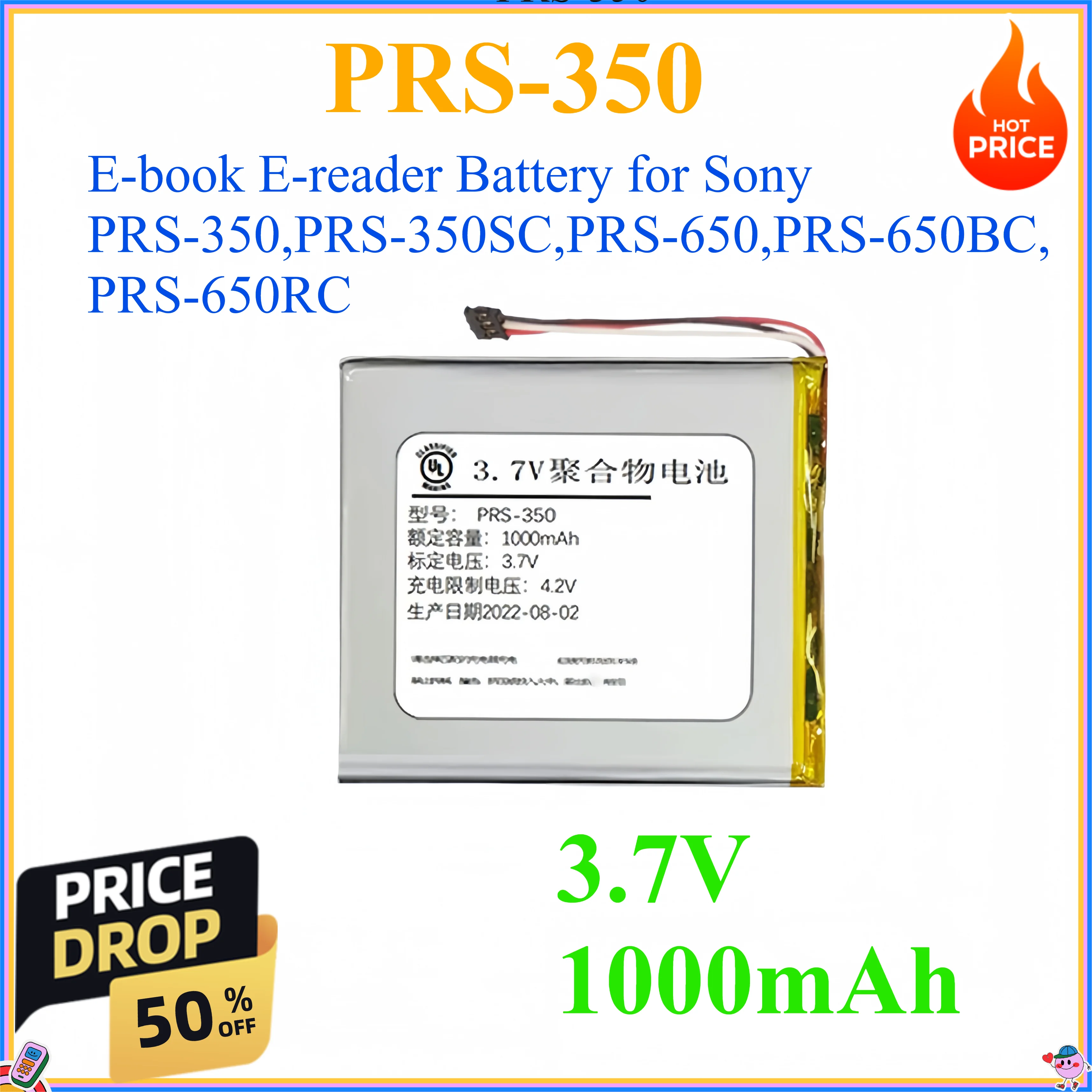 

3.7V 1000mAh E-book E-reader Battery LIS1459MHPC9SY6,1-853-016-11 for Sony PRS-350,PRS-350SC,PRS-650,PRS-650BC,PRS-650RC