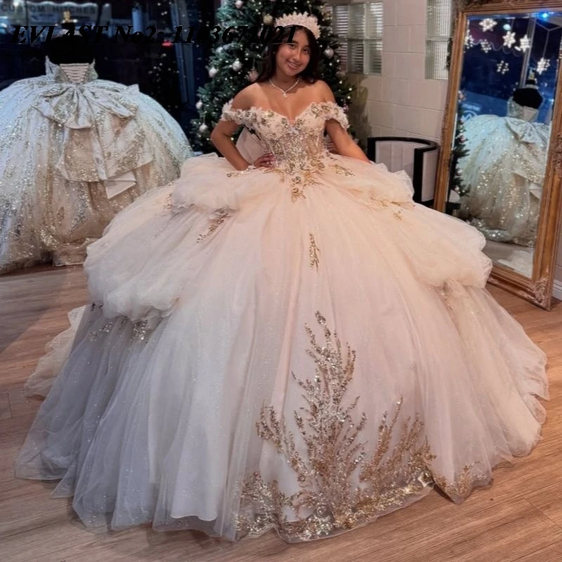 

EVLAST индивидуальное блестящее платье Quinceanera цвета слоновой кости, бальное платье с блестящими пайетками и аппликацией, расшитое бисером, Sweet 16, Vestidos 15 Anos E2QA169