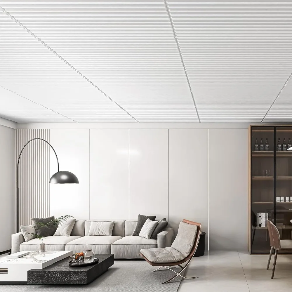 12パック スラットデザイン 3Dウォールパネル インテリア壁装飾用、2x4フィート PVC装飾ドロップ天井タイル - ホワイト