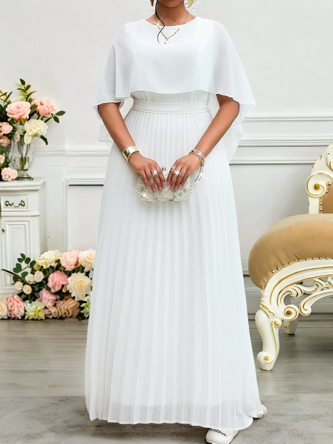 

White Chiffon Pleated Maxi Dress with Cape Sleeve and Round Neck