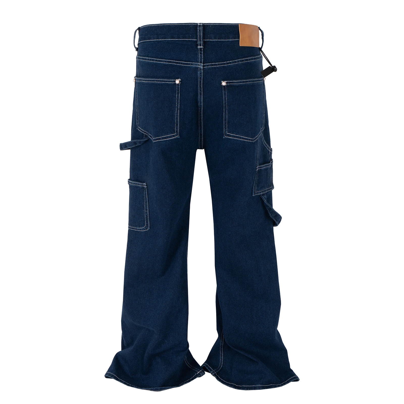 Men's Dark Blue Patchwork Stitch Carpenter Jeans Wide Leg Flared Workwear Denim Pants Streetwear Oversized Washed Jean Trousers