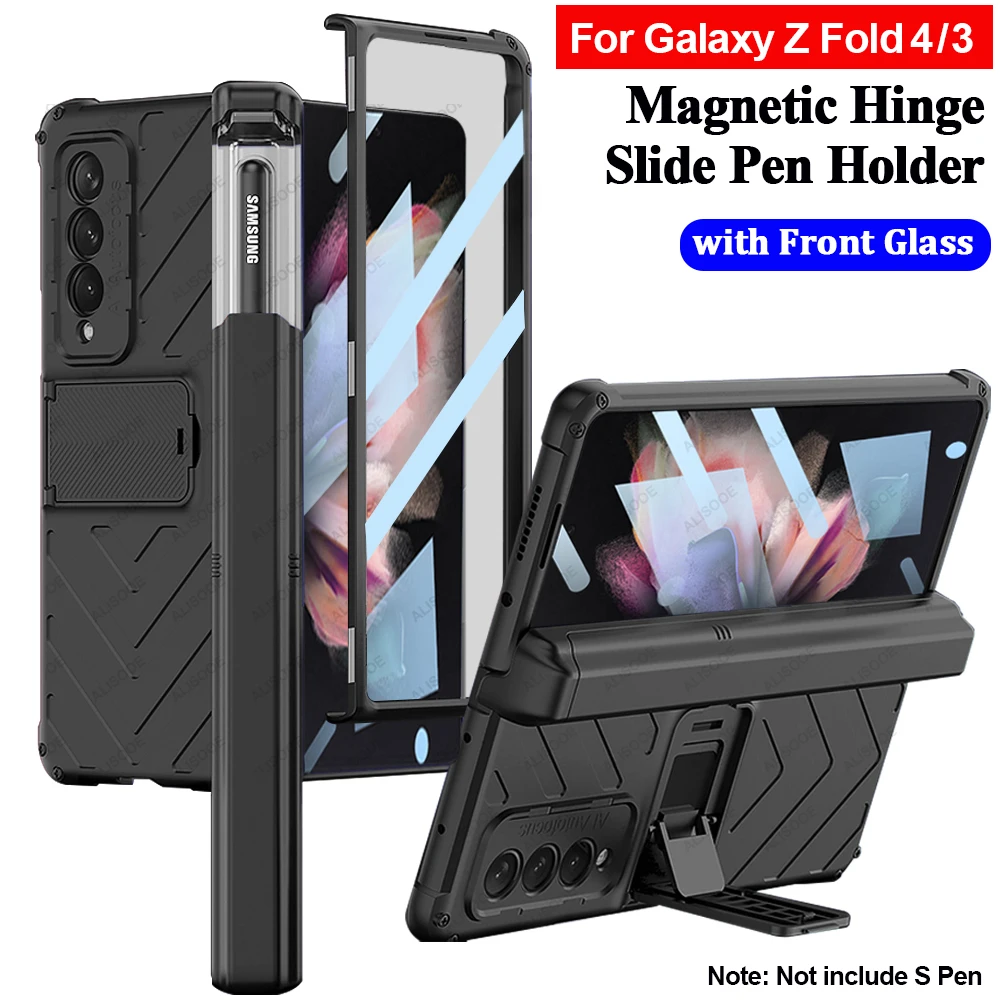 Phone Case For Samsung Galaxy Z Fold 4 Fold4 5G Case Magnetic Hinge Slide Pen Slot Front Glass Film Kickstand Hard PC Cover New