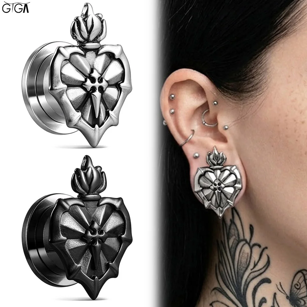 Giga 2Pcs Gothic Sacred Heart Ear Plugs Tunnels Stainless Steel Stretcher Screw Gauges Expanders Punk Body Piercing Jewelry