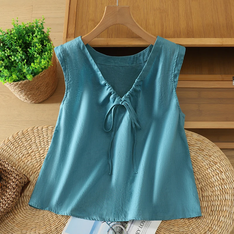 Slimming Effect Lake Blue Fashionable Loose Vest Women's T-Shirt Thin Pure Color Button Cotton Linen Blend Breathable Summer Top