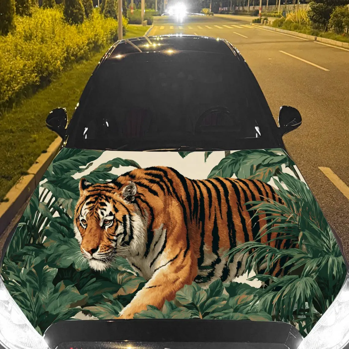 

Car Decal Tiger with Lush Green Forest Artistic Background & Ferocious-Natural Aesthetic Car Hood Sticker, Waterproof Self - Adh