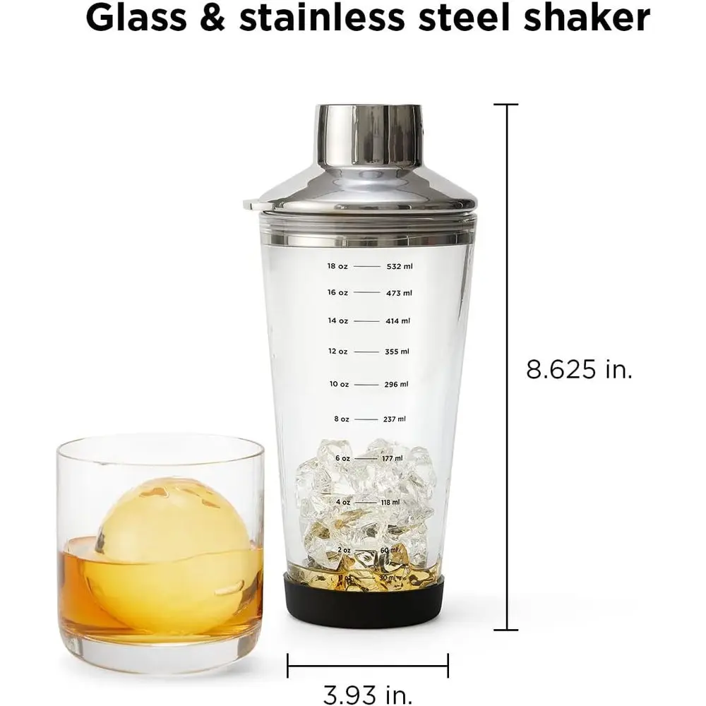 18 oz Glass Cocktail Shaker with Measurement Markings, Stainless Steel Lid, 1.5 oz Jigger & Strainer, 3.94 x 3.54 x 9.06 Inches