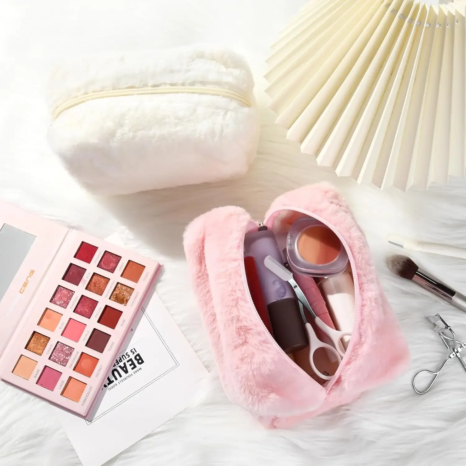 حقيبة مكياج حقيبة مستحضرات تجميل لطيفة من القطيفة الوردي والأبيض حقيبة مكياج للسفر حقيبة أدوات الزينة منظم حقيبة تخزين منتفخة للنساء #5