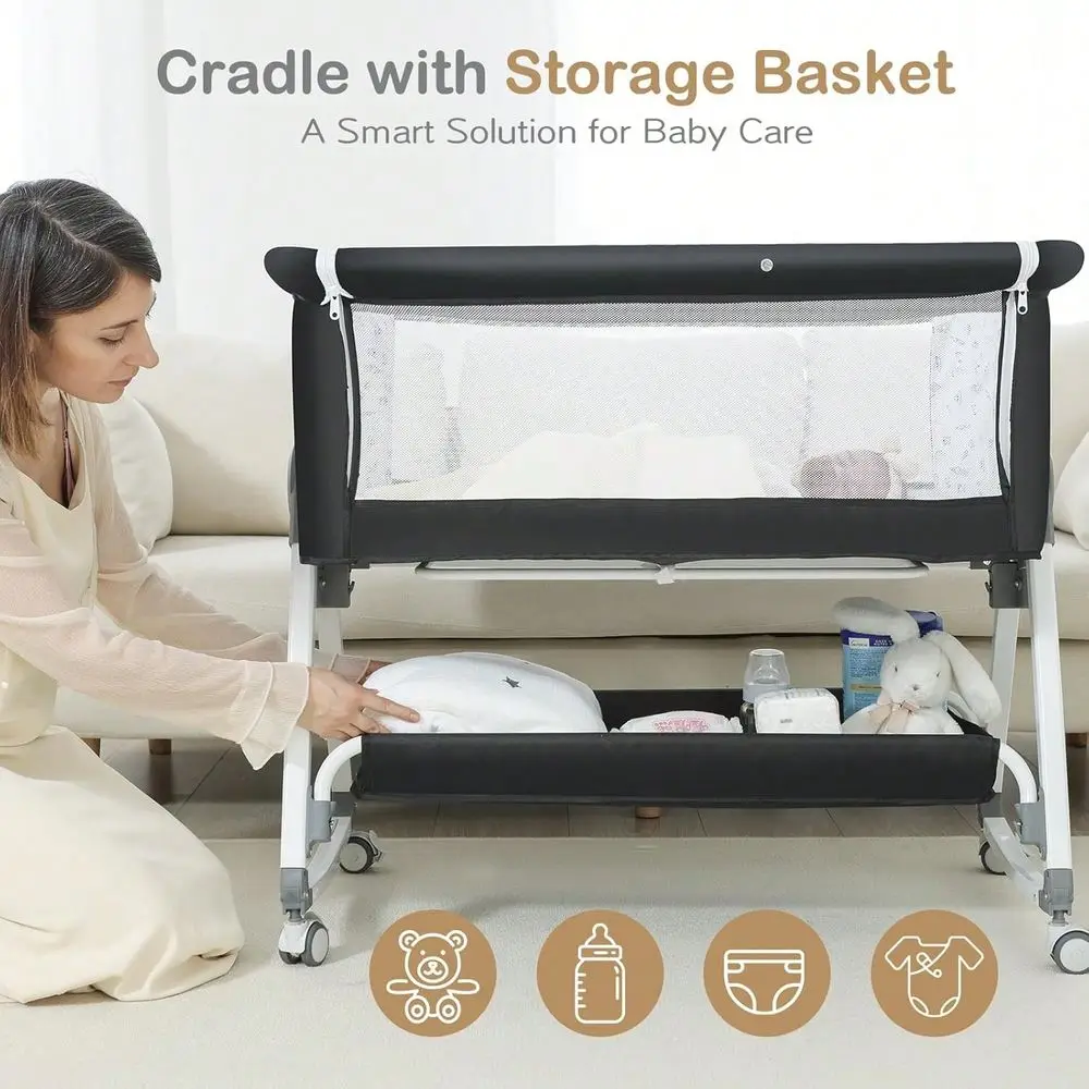 Bassinet, Bedside Bassinet For Baby, 4 In 1 Bassinet Bedside Sleeper With Locked Wheels, Mosquito Net, Adjustable Easy Folding view 5