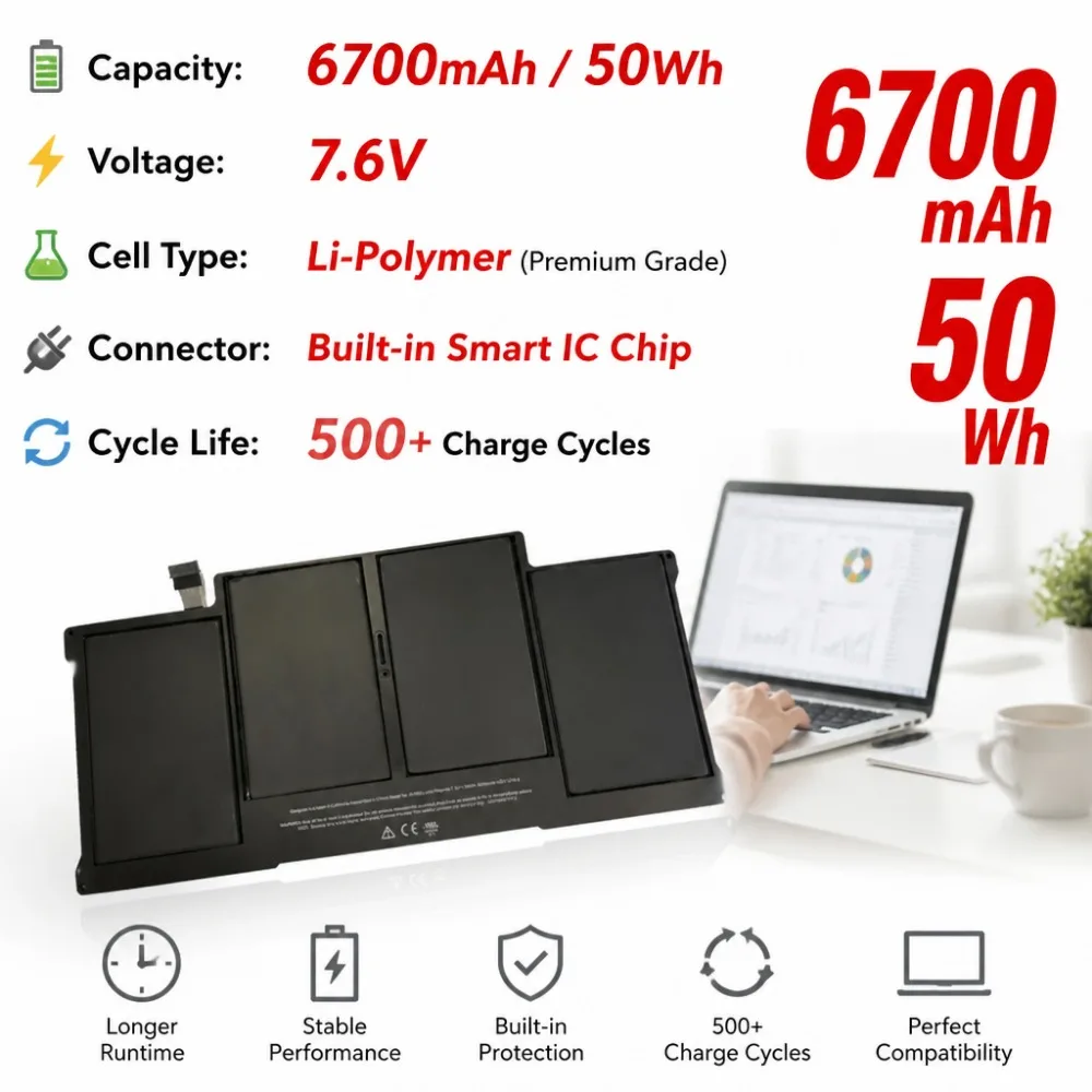 7.6V 50Wh 6700mAh Replacement Battery for MacBook Air A1369 A1496 A1405 A1466 13