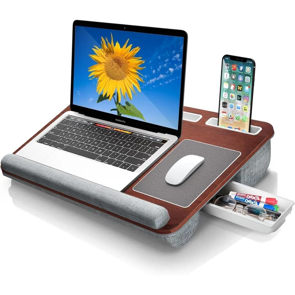 

Настольный столик для ноутбука с подушкой, подходит для ноутбуков до 15 дюймов, со встроенным ковриком для мыши и подставкой для запястья, подставка для рук, столик для работы