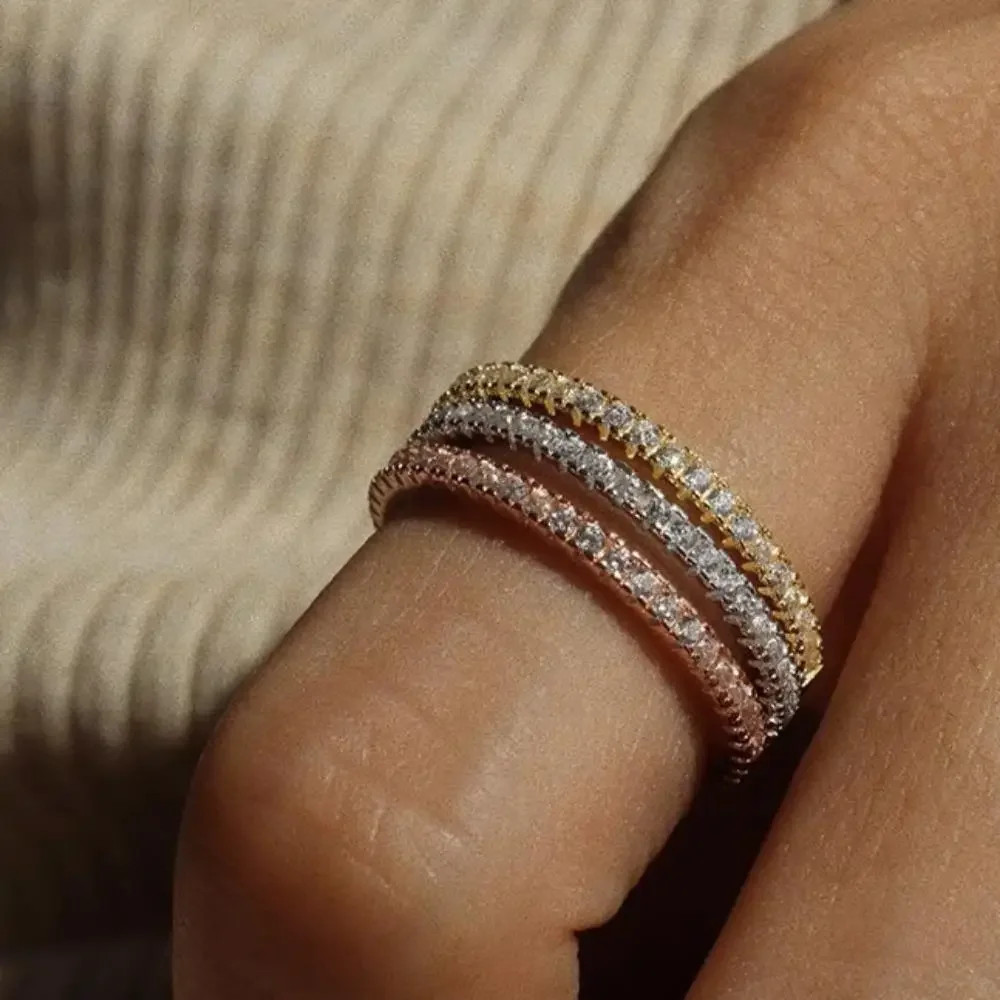 1/3 قطعة رقيقة داينتي تكويم حلقة الحد الأدنى كامل الخلود الفرقة زركون ارتفع الذهب اللون مطلي تمهيد خواتم للنساء