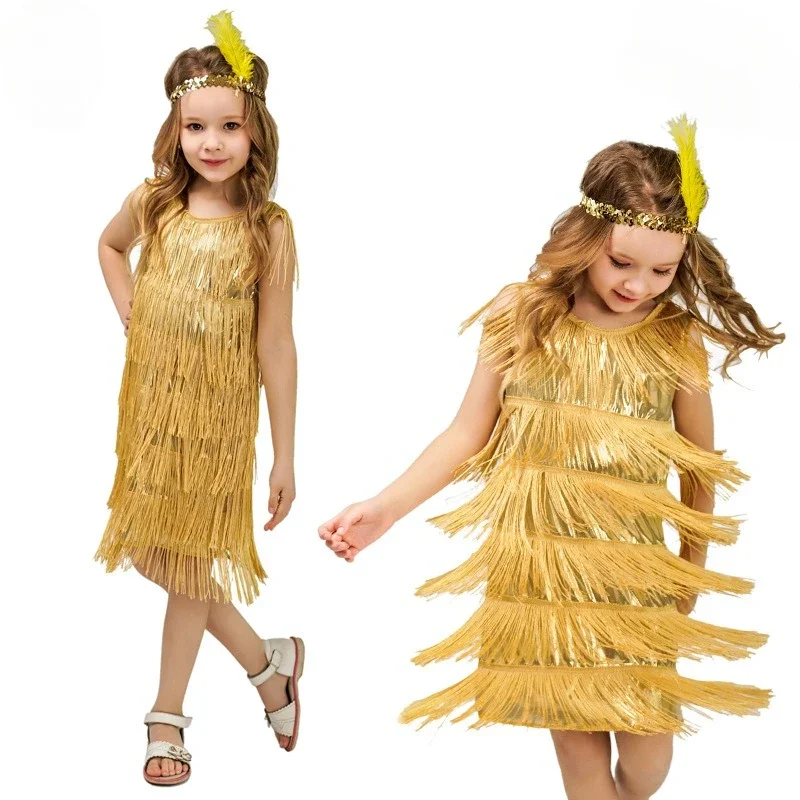 Traje de baile latino Vintage para niñas, vestido elegante con flecos, traje de fiesta, espectáculos de escenario escolar, Ropa de baile para competiciones de baile