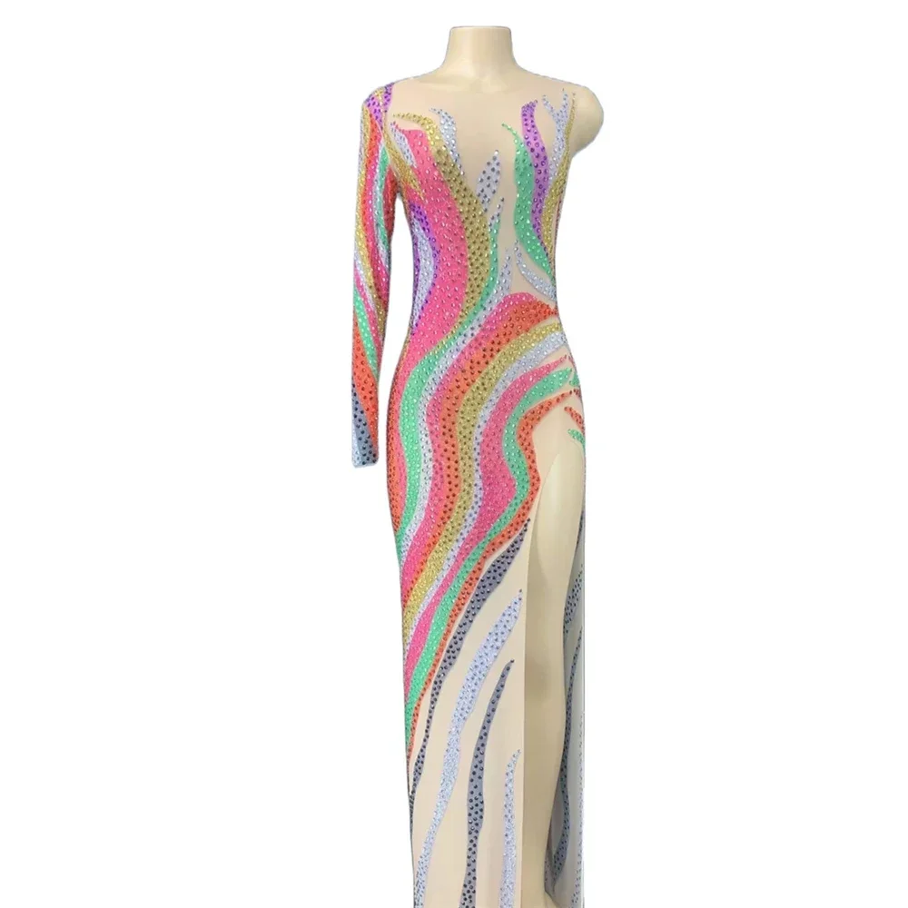 

Shining Colorful Rhinestones One Sleeve Sexy Women Long Split Dress Evening Party Birthday Stage Drag Queen Costume
