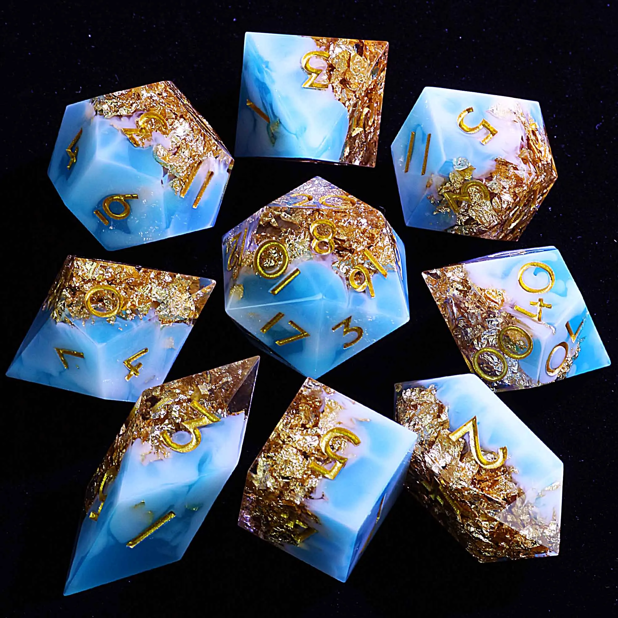 

Набор из 9 кубиков из многогранной смолы D и D Клятва лазура и розового золота