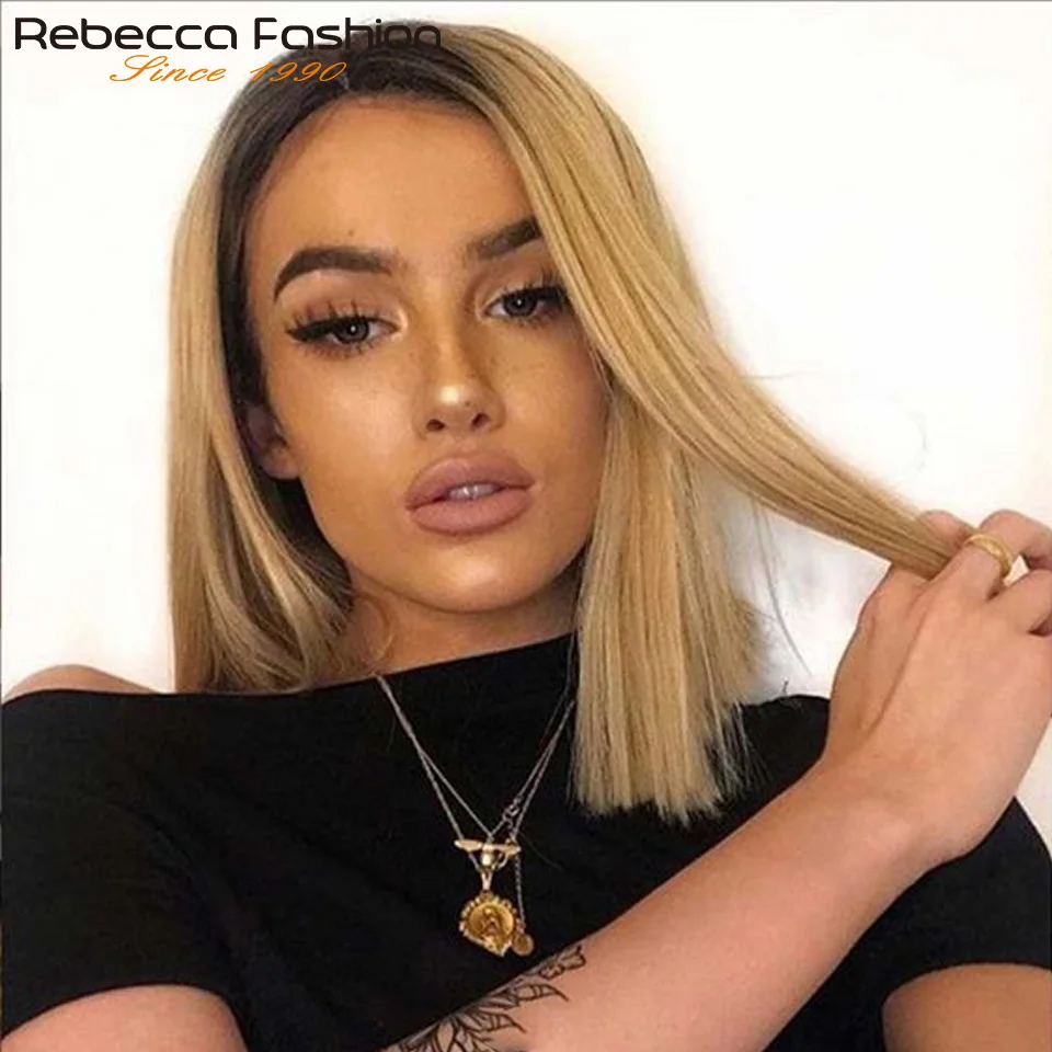 

Rebecca Human Hair Wigs For Women Straight Bob Brazilian Hair Wigs Omber Blonde Brown Colored T Part Lace Wigs Real Woman Wigs