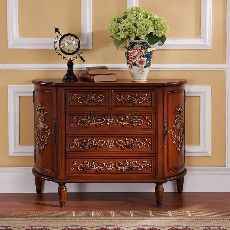 

02 European-style American rural solid wood five-bucket entrance cabinet hand-painted semi-circular storage cabinet