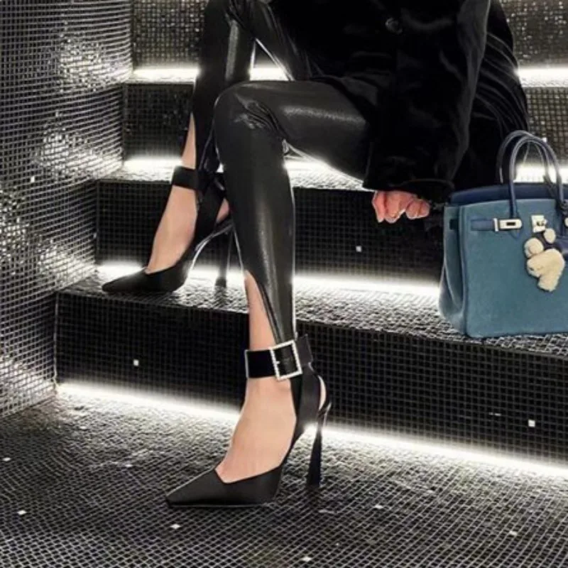 

2026 Spring Summer Women's Sexy Satin High Heels Black Slim Heel Square Buckle Strappy Pointed Toe Sandals