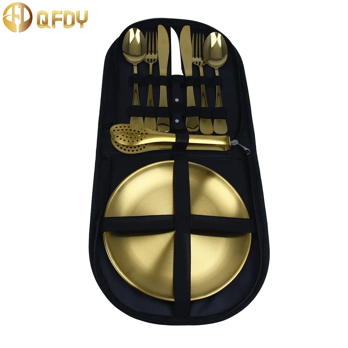 Stainless steel outdoor portable tableware set Camping steak knife, fork, spoon tableware set Storage bag Kitchen food tools