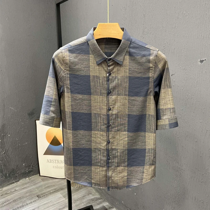 

2024 Summer Men Trendy Vintage Classic Plaid Print Button Down Shirt Lapel Casual Loose Short Sleeve Thin Tops Camisas De Hombre