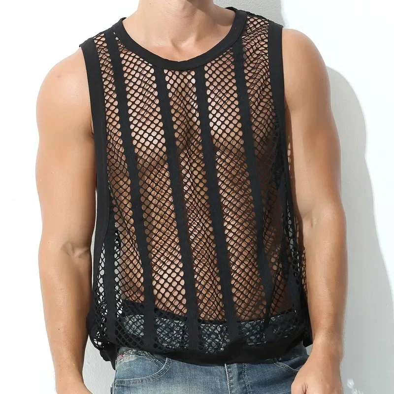 Mens Undershirts Hollow Out Mesh Split Men's Vest Youth Sexy Solid Color Casual Breathable Round Neck Sports Loose Tops