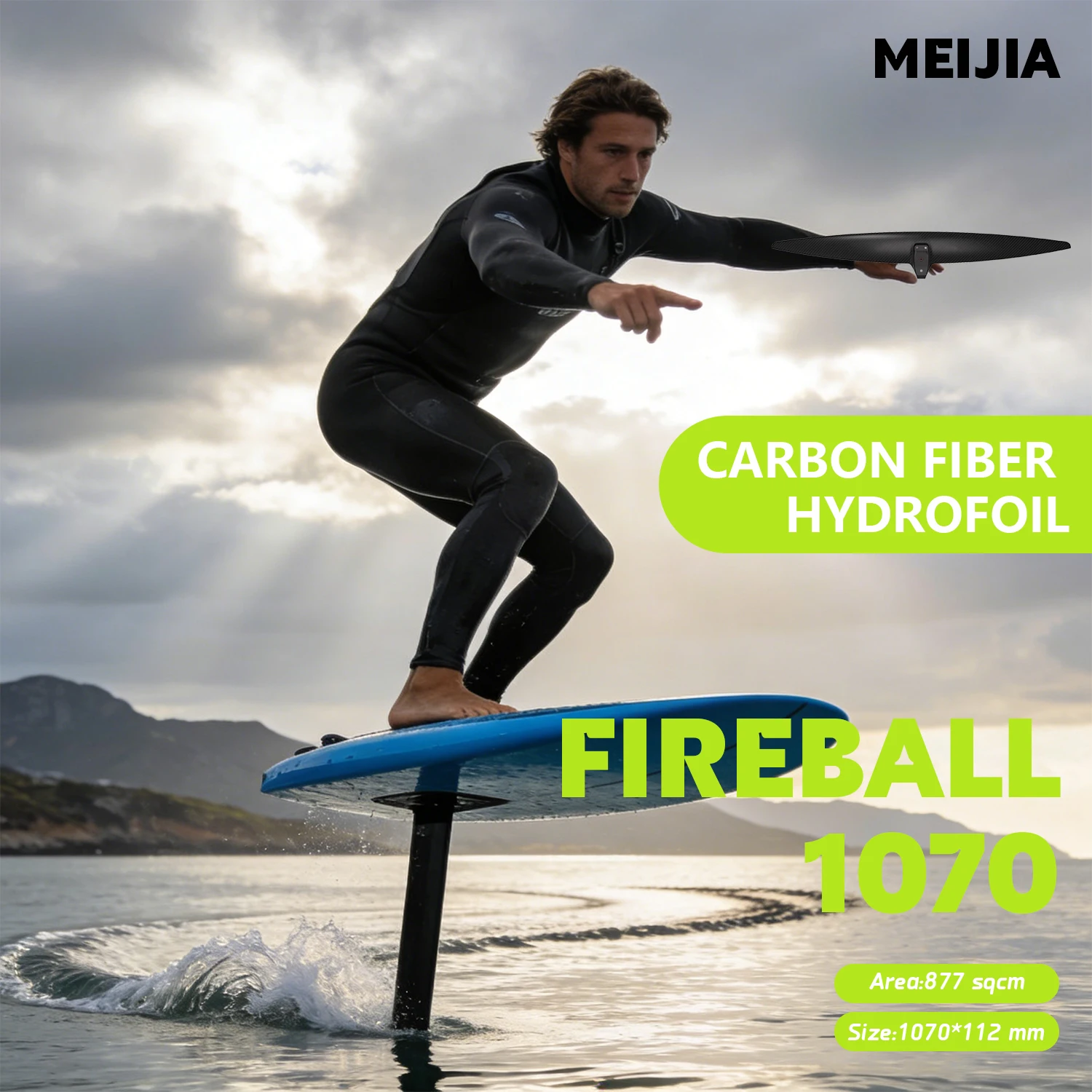 

FIREBALL 1070, площадью 877 квадратных сантиметров, изготовлен из углеродного волокна и оснащен водными крыльями, обеспечивающими высокий подъем и низкое сопротивление.