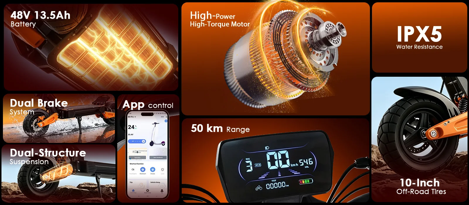 JUICEASE C67Pro Elektroroller mit Hohem Drehmoment, 48V 13,5Ah Hochleistungsakku, 50KM Reichweite, 35 ° Hill Climbing 10 Zoll Fatbike-Reifen Offroad APP-Steuerung – Detail 7