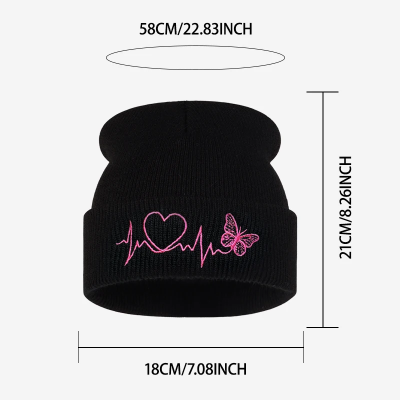 Lovely Heart Beat Butterfly Embroidered Beanie Cozy Knitted Hat Daily Urban Outfit Thanksgiving New Year Birthday Festival Prese