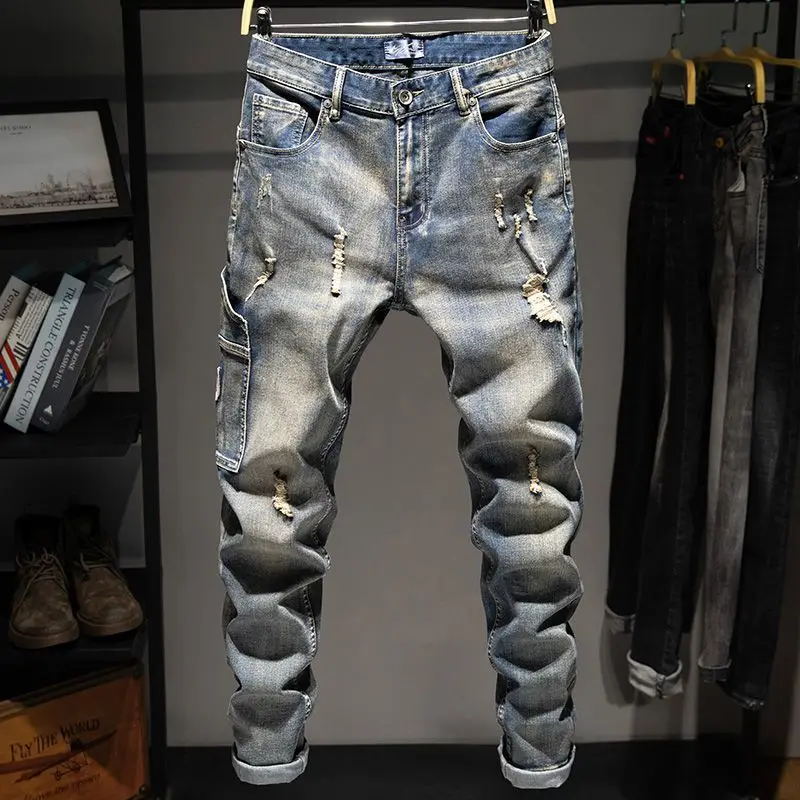 

Весенние и осенние эластичные ностальгические рваные джинсы большого размера для мужчин, свободные мужские брюки большого размера, длинные мужские брюки