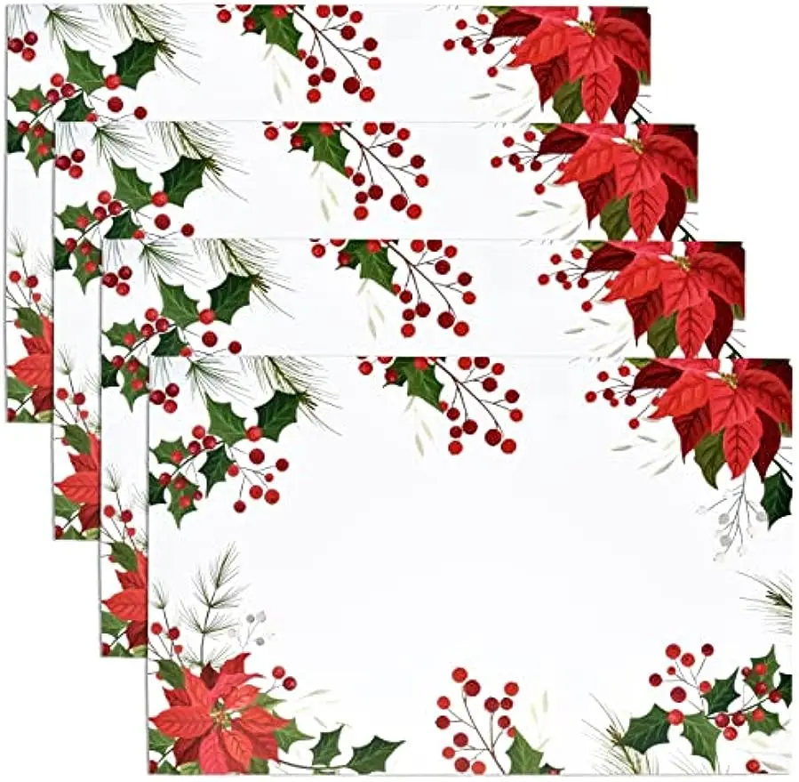 Christmas Paper Place Mats Red Poinsettia Flower with Green Holly Leaves Table Mat 12x18in for Holiday Dinner Table Winter Decor