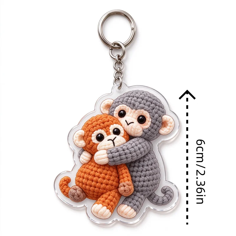 Handmade Crochet 2D Acrylic Pendant Hugging Monkey Keychain Soft Cute Backpack Decor Birthday Gift Animal Lovers Charm