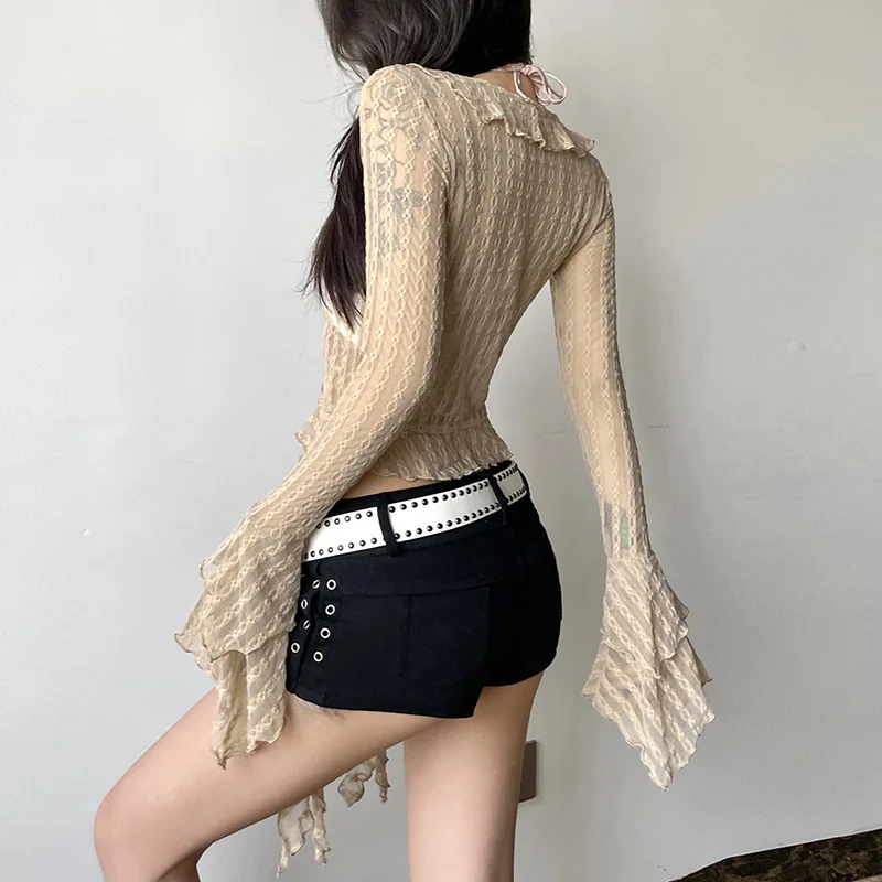 ALLNeon Fairy Grunge Ruffles Tassels Crop Cardigan Tops Lace See Through Streetwear Cyber Y2K Falre Sleeve Bandage Blouse Slim T