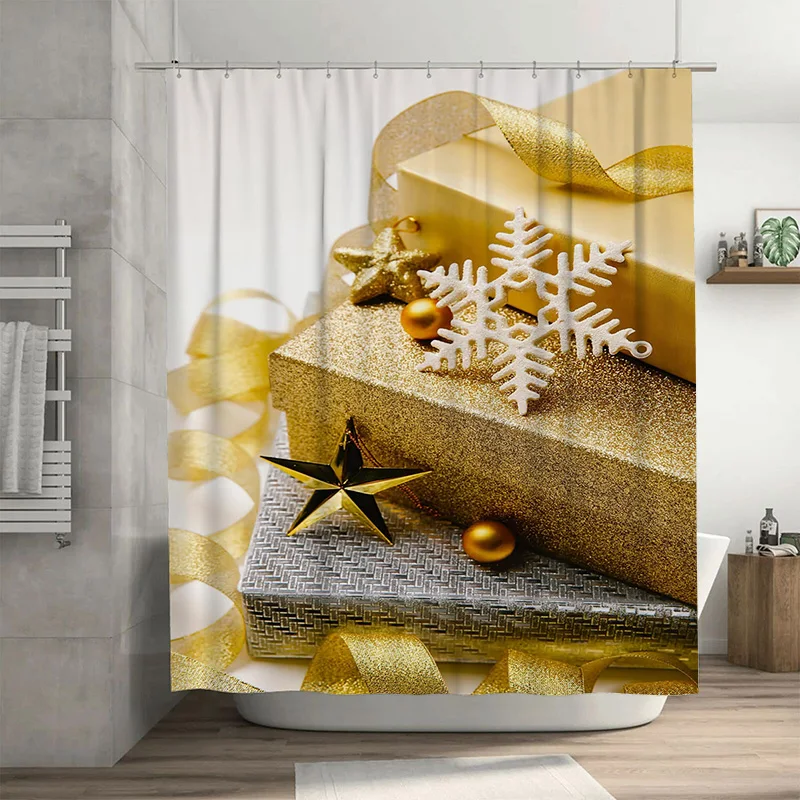 

Tuniu Charming Golden Snowflake Winter Shower Curtain Set Festive Holiday Bathroom Decor Cute Waterproof Fabric Backdrop